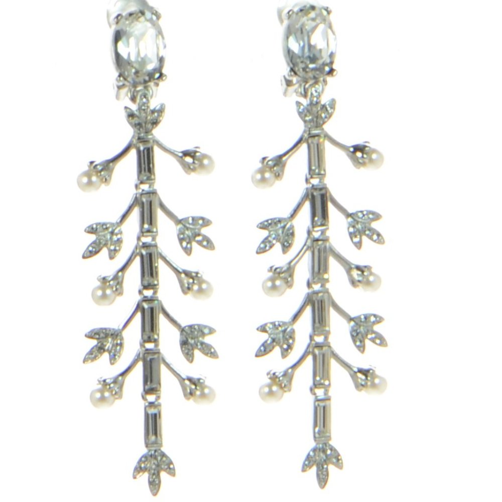 OSCAR DE LA RENTA Baguette Crystal Pearl Drop Clip-on Earrings